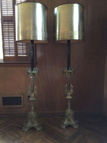 Pair Antique Gothic Style Candlestick Mount Lamps: Pair Antique Gothic Style Candlestick Mount Lamps. Pair of antique late 19th century altar candlesticks that have been mounted and wired as lamps. Each measures 58 inches in height.