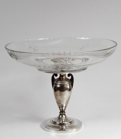 Russian Silver Glass Vase Tazza: Imperial Russian Fruit Vase - Tazza with silver stand and crystal cut glass. Hallmarked for St.Petersburg. Marked for Grachev Brothers. Size : 9 3/4" ( 25 cm ) height , 12" ( 30 cm ) diameter .