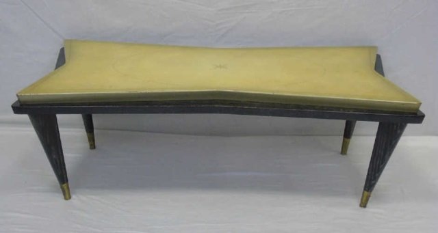 Mid Century Modern Leather Top Coffee Table: Mid 20th century modern coffee table. Black painted oak base with brass ferrules. Faux leather top. 44" W x 22" D x 15 1/2" H.