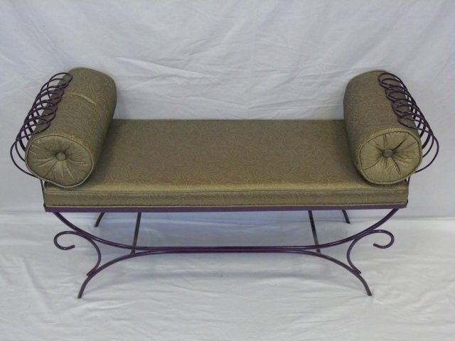 Mid Century Modern Purple Metal Bench Cushion: Mid Century Modern Purple Metal Bench with brown silk cushion and gold metallic pattern. Two bolster pillows. 44" W x 15" D x 25" H.