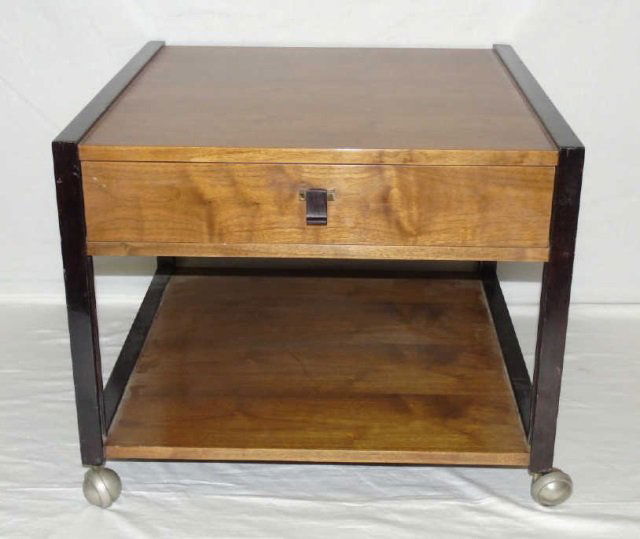Mid Century Danish Modern End Table: Mid 20th Century Danish Modern Maple Wood End Table. Steel ball casters. One drawer. 27" W x 28" D x 21 1/2" H. Edward Wormley for Dunbar