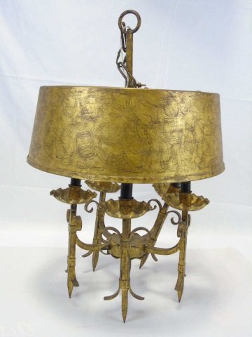 Iron Ceiling Light Fixture Antique Gold Finish: Iron Ceiling Light Fixture with hand rubbed antique gold finish. Five light. 17" diameter x 26" H, not including chain.
