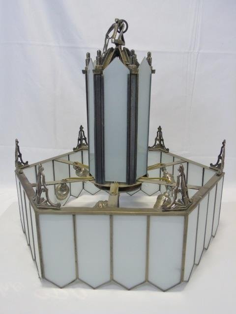 Art Deco Frosted Glass Chandelier Light Fixture: Art Deco frosted glass chandelier light fixture. Six lights. 22" diameter x 54" H.
