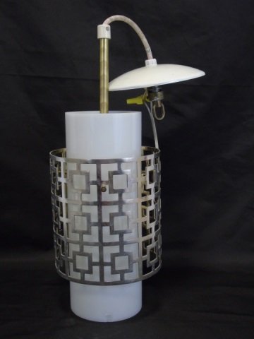 Mid Century Modern Chrome & Glass Pendant Light: Mid Century Modern chrome and white glass pendant ceiling light fixture only is 7" diameter x 13" H.