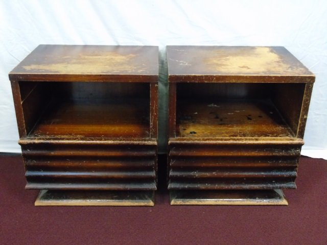 Pair of Mid 20th Century Modern Nightstands: Pair of Mid 20th Century Modern Nightstands. Each has a wavy front drawer and shelf. Both need refinishing. 20 1/2" W x 16 1/2" D x 22 1/2" H.