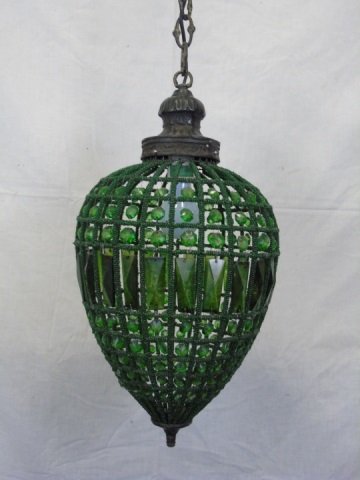 Vintage Green Beaded Lantern Light Fixture: Vintage Green Beaded Lantern Light Fixture. 10" diameter x 19" H.
