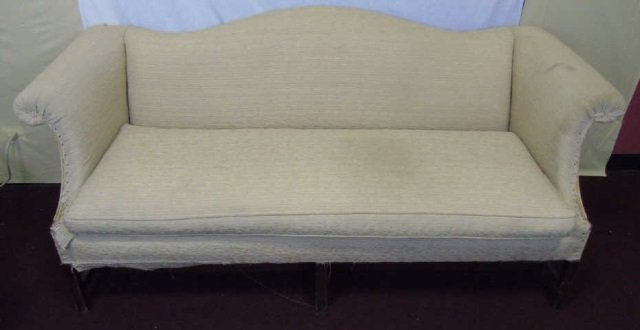 Vintage Camelback Settee Love Seat Sofa: Vintage camelback settee sofa. Loose seat cushion. Tight back. Needs work. 70" W x 33" D x 34" H.
