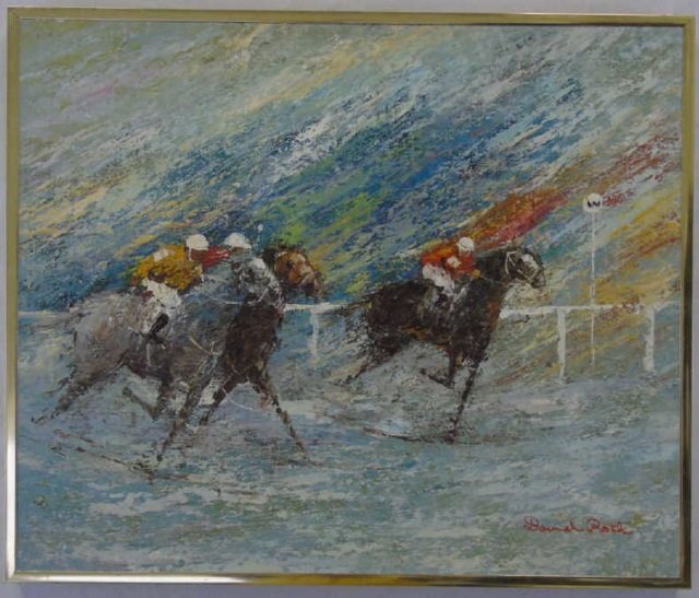 David Roth Abstract Polo Match Painting on Canvas: David Roth- Abstract acrylic on canvas painting of a polo match. Signed lower right corner. 24 1/2" W x 21" H.