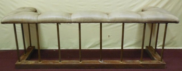 Antique Brass Fireplace Fender w Leather Bench: Antique brass fireplace fender with leather bench. 66" W x 19" D x 18" H. Fair condition. needs restoration.