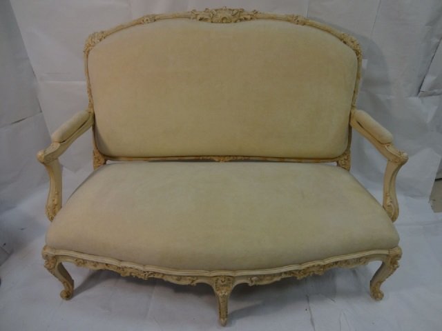 Maison Jansen Carved Frame Rococo Style Settee: Maison Jansen carved wood fame Rococo style settee. Pop-out seat cushion. 57 3/4" W x 36" D x 53" H. Very good condition except center leg is cracked.