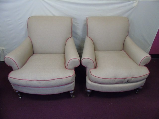 Contemporary Custom Made Rolled Arm Armchairs: Contemporary Custom Made Rolled Arm Armchairs. In the style of George Smith, apparently unmarked. Custom upholstered and of recent make. Clean. Each measures 34 x 30 x 26 inches.