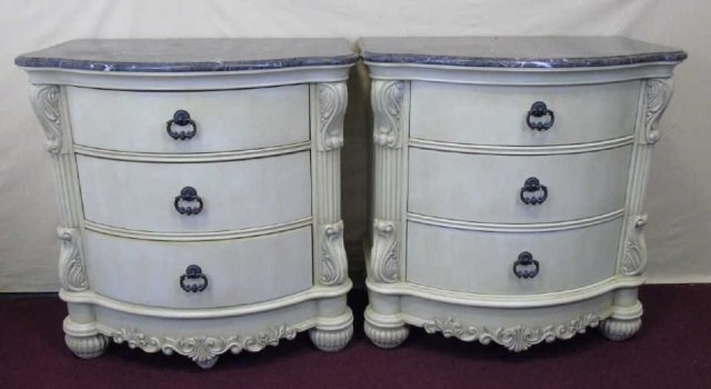 Pair of Painted Nightstands Mosaic Marble Top: Pair of painted nightstands with mosaic black marble tops. Black iron pulls. Three drawers. 31" W x 20" D x 32" H.