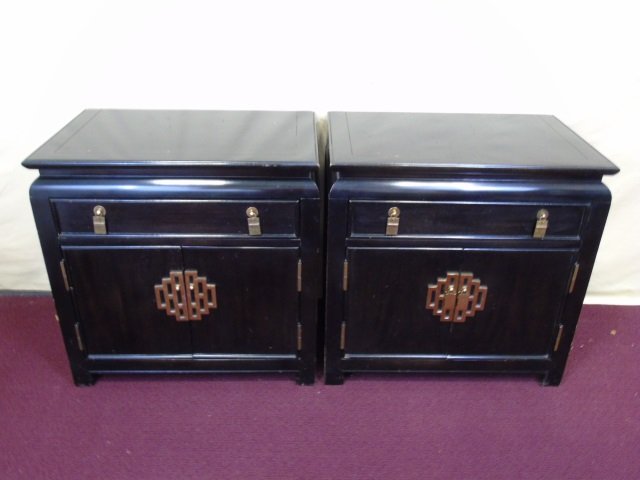 Black Lacquer Asian Style Nightstands End Tables: Black lacquer Asian style nightstands / end tables.One drawer, lower cabinet. 25" W x 16" D x 25" H.