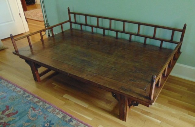 Antique Asian Style Wood & Custom Cushion Day Bed: Antique Asian Style Wood & Custom Cushion Day Bed. Large fitted cushion included in listing, others shown for display. Carved wood frame using antique wood. Signed on underside. Measures 29 inches in
