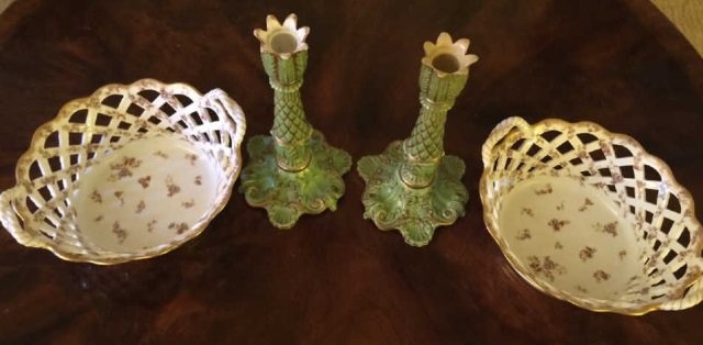 Pair Antique Limoges Baskets Copeland Candlesticks: Pair Antique Limoges Baskets Copeland Candlesticks. Each signed on bottom. Baskets are 9.5 inches in width, candlesticks 8.5 inches in height.