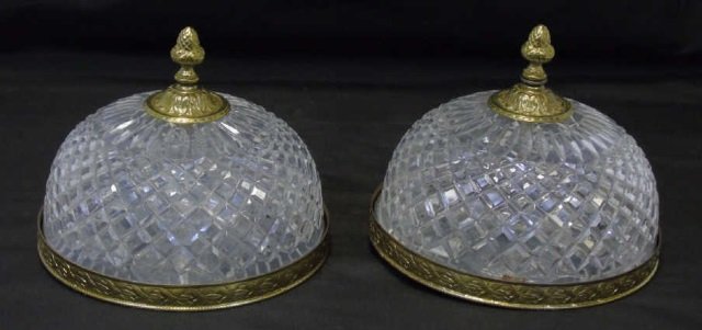 Pair of Flush Mount Cut Crystal & Brass Lights: Pair of flush mount cut crystal and brass ceiling lights. 8 1/2" diameter x 7 1/2" H.