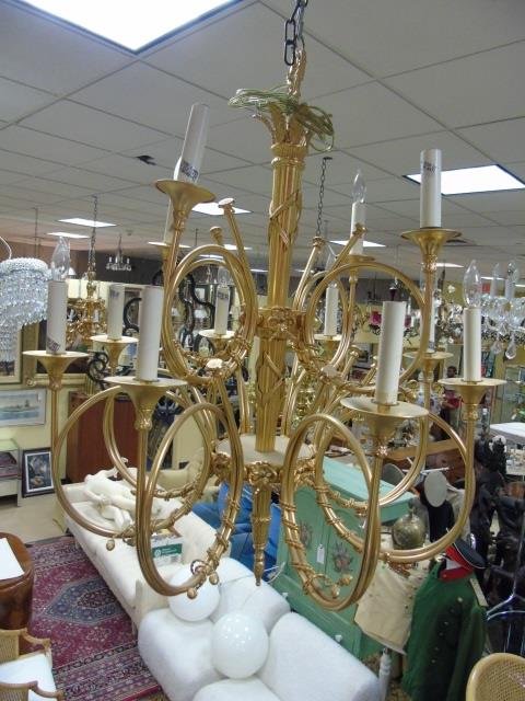 Gilt Ormolu French Horn Chandelier: French Horn chandelier, gilt ormolu finish. Twelve arm / light. 24" diameter x 37" H.