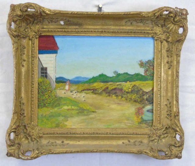 Oil on Canvas Covered Board of Lady Feeding Birds: 20th century oil on canvas covered board. Lady feeding chickens in her yard. Unsigned. 14" W x 12" H.