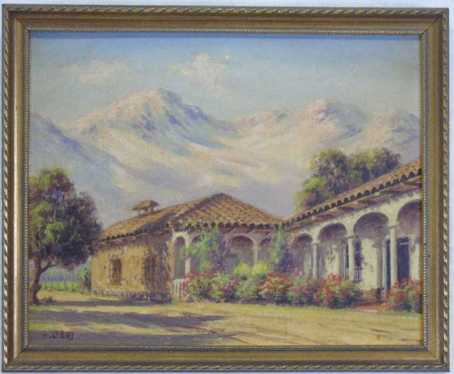 Alberto Lobos - Oil Painting of a Colonnaded House: Alberto Lobos- Oil Painting on canvas of a Colonnaded House in Chile. Signed lower left corner. 12 1/2" W x 10" H. Alberto Lobos and his brothers Enrique and Alberto were all members of the "Generatio