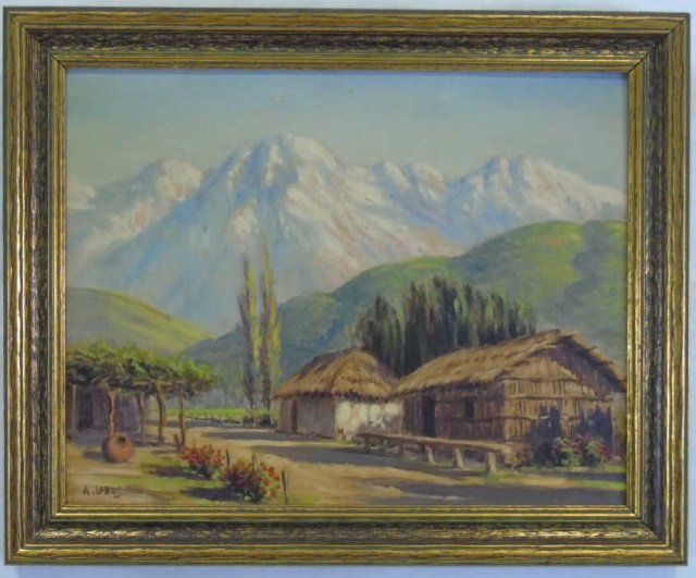 Alberto Lobos - Oil Painting Mountain Farm Chile: Alberto Lobos- Oil Painting on Canvas of a farm in Chile with Majestic Mountains in the Background. Signed lower left corner. 17 1/2" W x 14" H. Alberto Lobos and his brothers Enrique and Alberto were