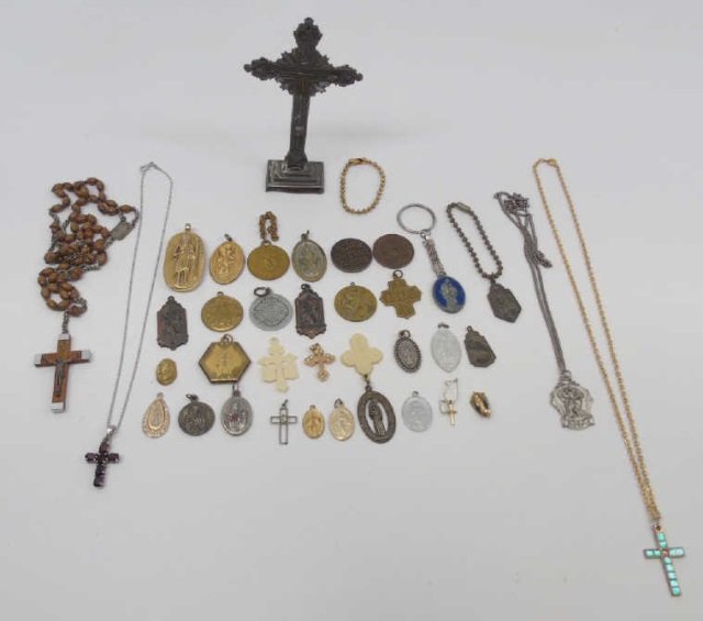 Collection of Antique & Vintage Religious Articles: Collection of Antique & Vintage Religious Articles. Saint medals, rosary beads, cross statue, pendants, etc. Various ages and materials.