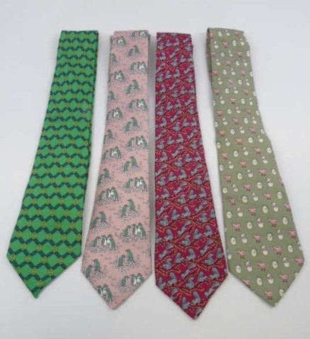 4 Vintage Hermes Paris Silk Neck Ties: 4 Vintage Hermes Paris Silk Neck Ties. Each marked Hermes Paris, made in Paris, Dry Clean Only. One with Bergdorf label. Hatching eggs, squirrels, penguins and H patterns.