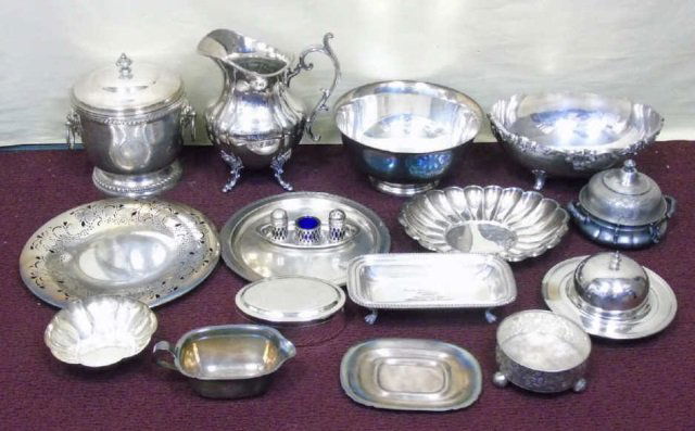 Lot 15 Silver Plate Golf Trophies Trays Pitcher: Lot of fifteen silver plate golf trophies. Including a pitcher, 9" W x 10" H, ice bucket, 7 1/2" W x 7" H, wine coaster, 4 3/4" diameter, oval footed bowl,11" W x 8 1/2" D x 4 1/2" H. Plus eleven more