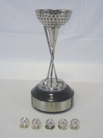 Silver Plate Golf Trophy L. Doskow Card Holders: Silver plate golf ball cup trophy. Also includes five silver plate Leonore Doskow golf ball card holders. Trophy is 5" diameter x 11" H. Card holders are 3/4".