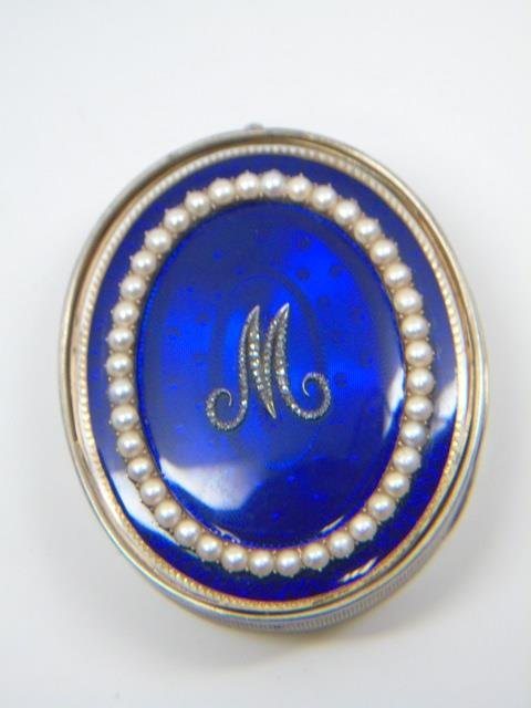 19 C English Sterling Vermeil Enamel Diamond Box: Antique 19 C English Sterling Vermeil Enamel Diamond Box. Having a blue guilloche enamel, pearl and diamond lid with portrait miniature interior. Hallmarked interior William Frederick Smith. Chased wo