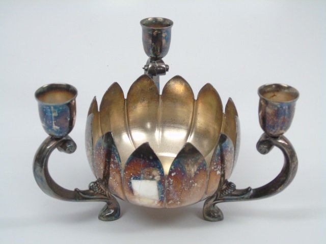 Silver Plated Lotus Bowl w/ 3 Candle Holders (1 of 3)