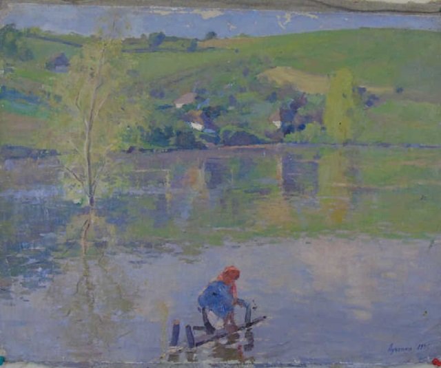 Luchenko- Ukrainian Painter Landscape w/ Lake: Evengi D. Luchenko was active and lived in The Ukraine. (1914-1994) Luchenko is known for painting. Landscape with lake. Dated 1946. Signed lower right corner. 24" W x 18 1/2" H. Unframed.