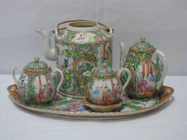 Chinese Rose Medallion Porcelain Tea Set on Tray (1 of 8)