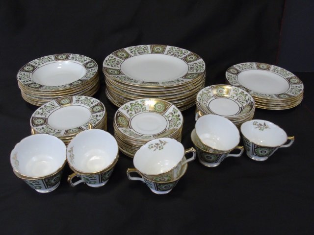Royal Crown Derby China Green Derby Panel: Royal Crown Derby bone china. Pattern is "Green Derby Panel". Partial service consists of 11 dinner plates, 6 salad plates, 8 soup bowls, 10 bread and butter plates, 10 dessert bowls and 9 cups with 1
