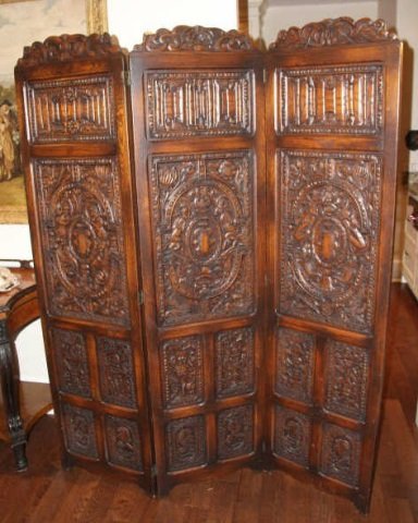 3 Panel Antique English Carved Oak Dressing Screen (1 of 7)
