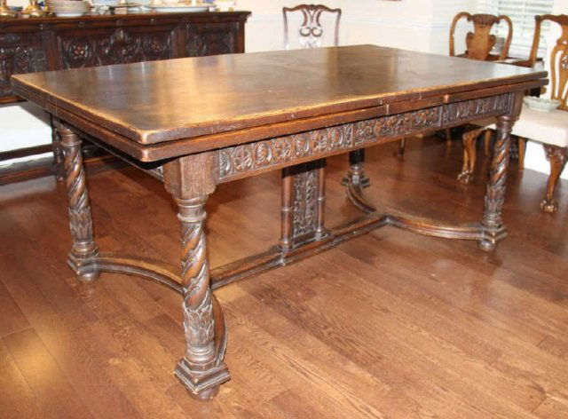 Antique English Carved Oak Dining Table w/ Leaves (1 of 10)