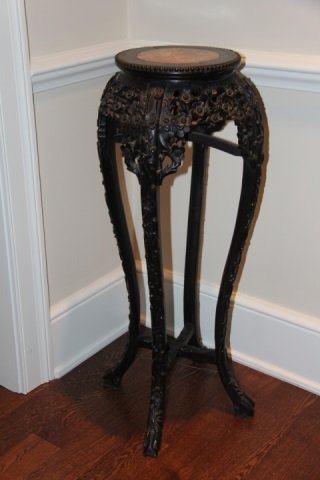 Antique Chinese Hardwood & Marble Carved Pedestal (1 of 4)