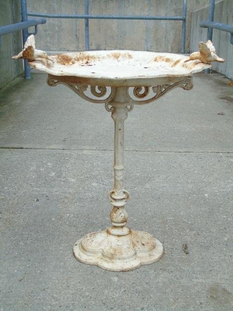 Painted Iron Bird Bath: Painted iron bird bath. Weathered finish. 17" W x 12" D x 21 1/2" H.