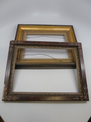 Lot of 2 Antique Wood Frames Gilt & Eastlake Frame: Lot of two antique wood frames. May frame a mirror or a painting. Eastlake style frame is burl with bone inlay, outer measure is 12 1/2" x 16 1/2, inner is 9 1/4" x 131/2. The other is Gold leaf with 