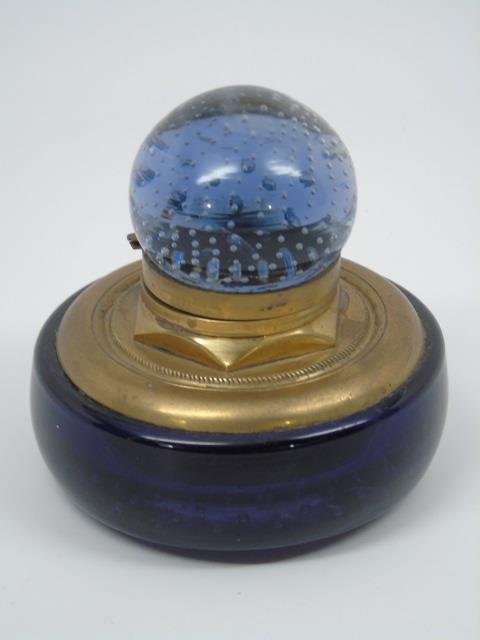 Antique Art Glass & Brass Ink Well Inkwell (1 of 2)