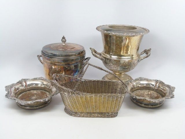Vintage Silver Plate Wine & Barware: Vintage Silver Plate Wine & Barware. Pair of antique coasters, vintage ice bucket, vintage wine cooler, wine bottle holder. Various ages. Ice bucket 7 inches in diameter.