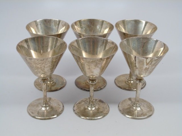 Antique Tiffany & Co Sterling Silver Sherry Cups: Antique Tiffany & Co Sterling Silver Sherry Cups. Fully marked on bottom. 4 3/4" H x 3" diameter. 29.1 ounces.