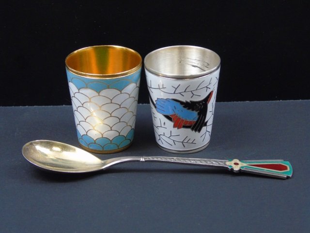 2 Russian Silver Enamel Vodka Cups & Spoon (1 of 8)