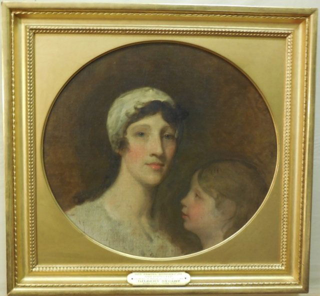 Gilbert Stuart Portrait of Mrs Blodget & Daughter: An oil on canvas original portrait of Mrs. Blodget and daughter, painted by Gilbert Stuart and presented through S. Neagle, to the Artists' Fund Society of Philadelphia by Issac P. Davis, Esq. of Bost