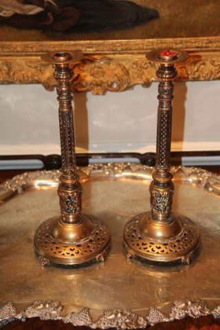 Pair Antique 19th C English Brass Candlesticks (1 of 3)