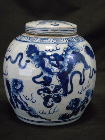 Chinese Blue & White Porcelain Ginger Jar: Chinese Blue and White Ginger Jar with lid. Painted dragons. 7 1/2" diameter x 9" H.