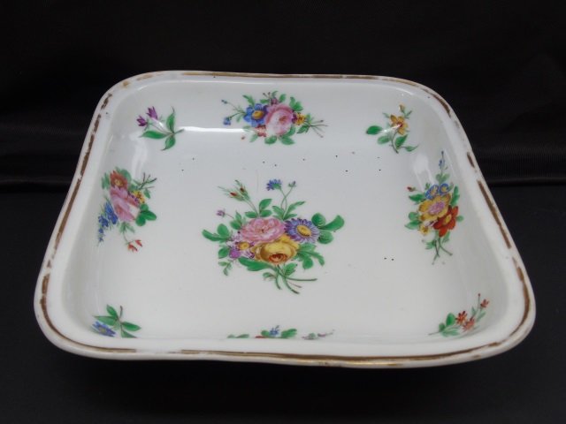 Antique Dresden Style Hand Painted Serving Bowl: Antique Dresden Style Hand Painted Serving Bowl. 19th century, hand painted, floral motif, gilt border. Measures 9 by 9 inches.