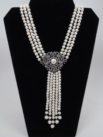 3 Strand Antique-Look Pearl Necklace w/ Onyx Beads (1 of 5)