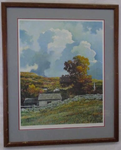 Eric Sloane- Litho of a New England Scene: Eric Sloane- Lithograph of a New England Scene in Autumn. Pencil signed and numbered 552 / 950. Eric Sloane was active/lived in New York, Connecticut. Eric Sloane is known for rural landscape painting