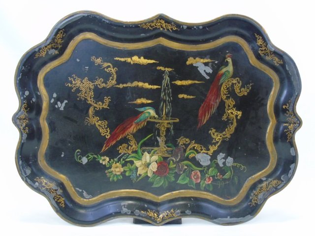 Antique English Tole Tray Painted Flowers & Birds: Antique English tole tray. Shaped edge. Black with painted flowers and birds with fountain. 27" W x 19 1/2" D.