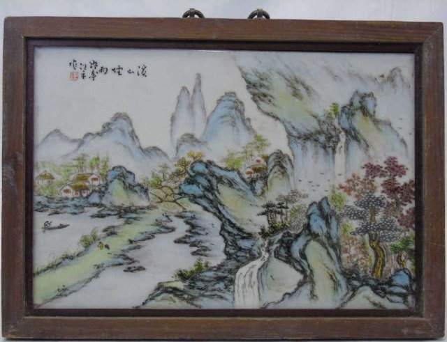 Chinese Porcelain Plaque Marked Wang Ye Ting: Chinese hand painted porcelain plaque. Marked upper left corner, Wang Ye Ting. Mountain landscape. Plaque is framed. 16" W x 11 1/2" H.
